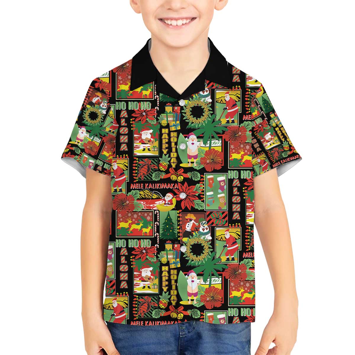 Hawaiian Santa Christmas Pattern Family Matching Off The Shoulder Long Sleeve Dress and Hawaiian Shirt Black Version - Wonder Print Shop