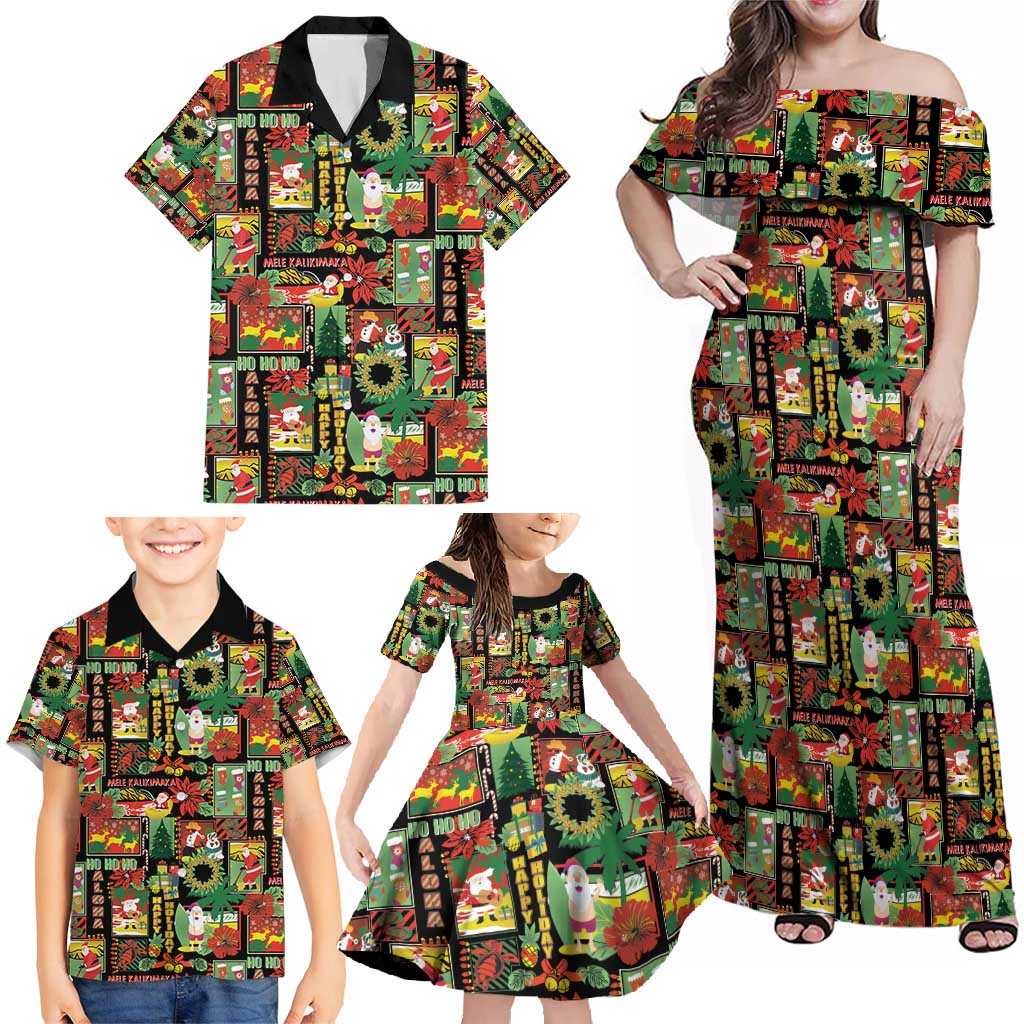 Hawaiian Santa Christmas Pattern Family Matching Off Shoulder Maxi Dress and Hawaiian Shirt Black Version - Wonder Print Shop