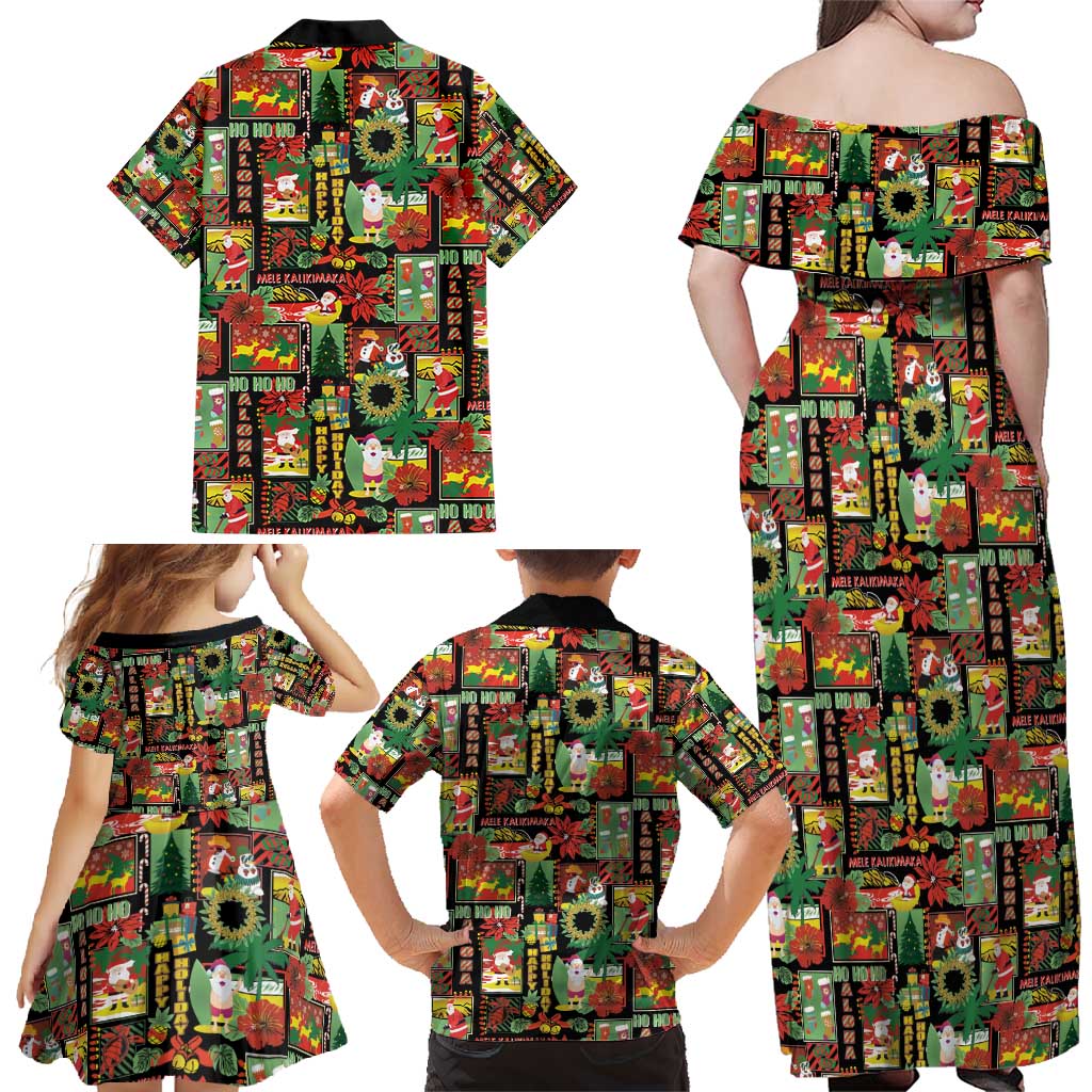 Hawaiian Santa Christmas Pattern Family Matching Off Shoulder Maxi Dress and Hawaiian Shirt Black Version - Wonder Print Shop
