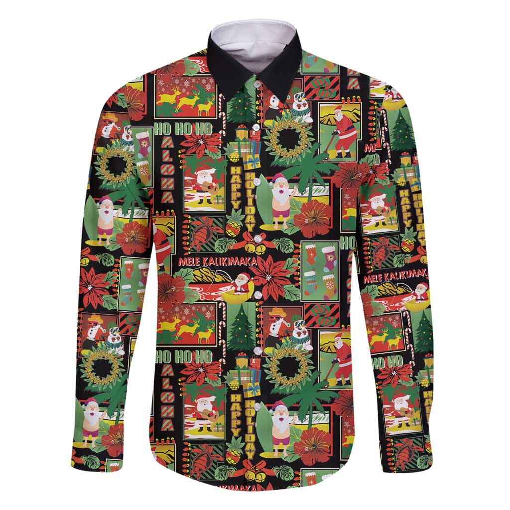 Hawaiian Santa Christmas Pattern Family Matching Off Shoulder Maxi Dress and Hawaiian Shirt Black Version - Wonder Print Shop