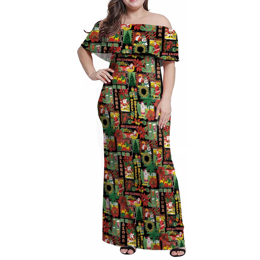 Hawaiian Santa Christmas Pattern Family Matching Off Shoulder Maxi Dress and Hawaiian Shirt Black Version - Wonder Print Shop