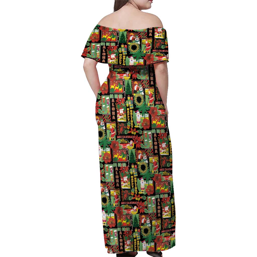 Hawaiian Santa Christmas Pattern Family Matching Off Shoulder Maxi Dress and Hawaiian Shirt Black Version - Wonder Print Shop