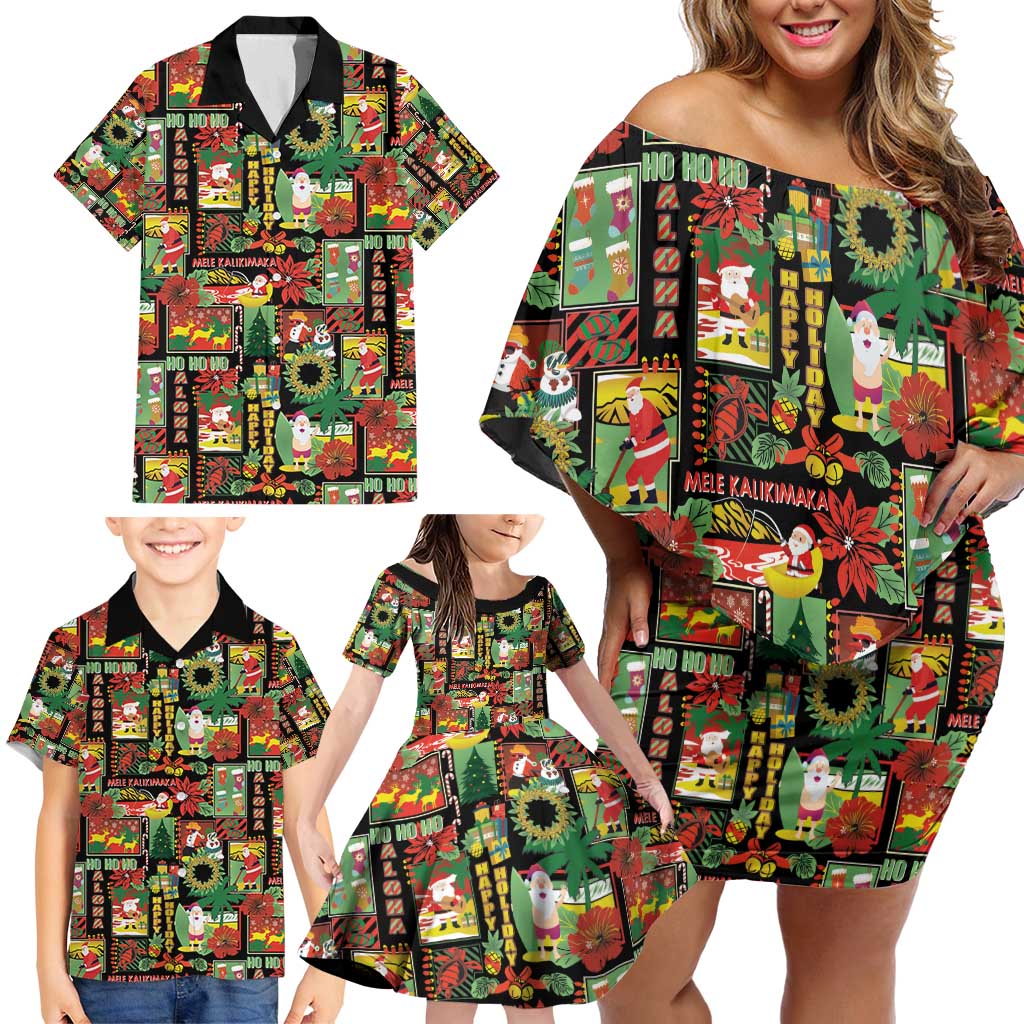 Hawaiian Santa Christmas Pattern Family Matching Off Shoulder Short Dress and Hawaiian Shirt Black Version - Wonder Print Shop