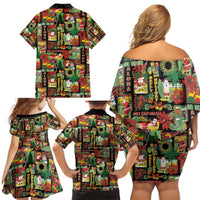 Hawaiian Santa Christmas Pattern Family Matching Off Shoulder Short Dress and Hawaiian Shirt Black Version - Wonder Print Shop