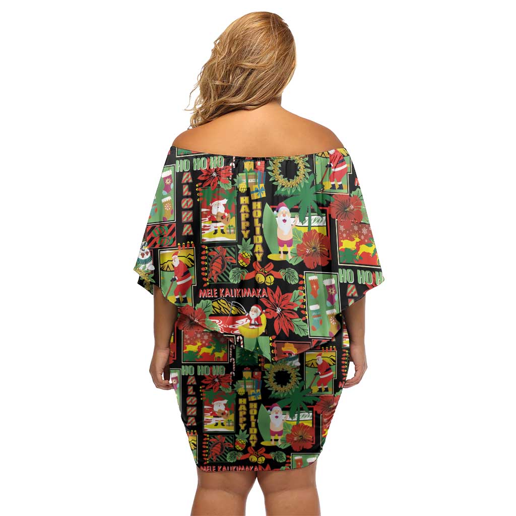 Hawaiian Santa Christmas Pattern Family Matching Off Shoulder Short Dress and Hawaiian Shirt Black Version - Wonder Print Shop
