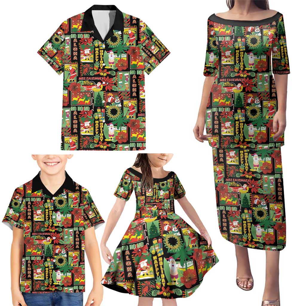 Hawaiian Santa Christmas Pattern Family Matching Puletasi and Hawaiian Shirt Black Version - Wonder Print Shop