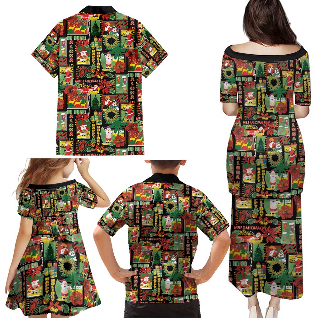 Hawaiian Santa Christmas Pattern Family Matching Puletasi and Hawaiian Shirt Black Version - Wonder Print Shop
