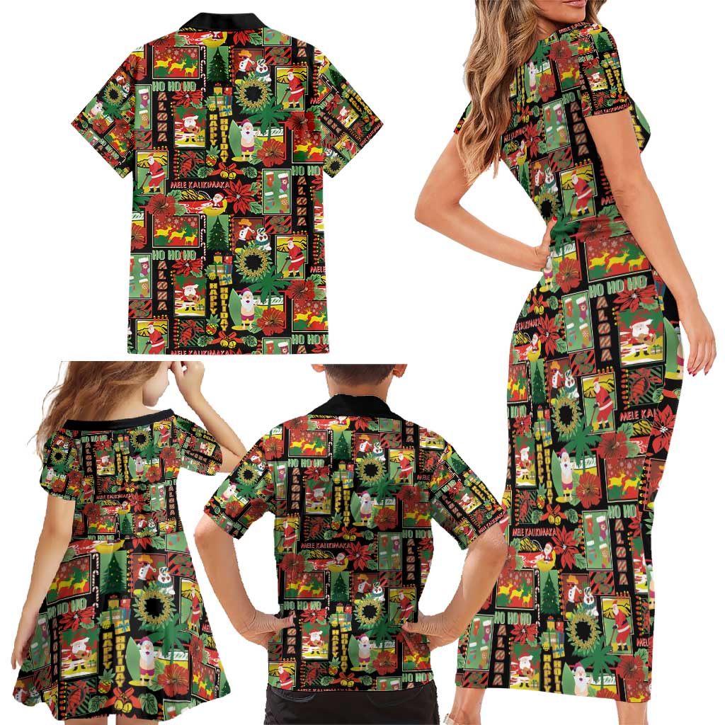 Hawaiian Santa Christmas Pattern Family Matching Short Sleeve Bodycon Dress and Hawaiian Shirt Black Version - Wonder Print Shop