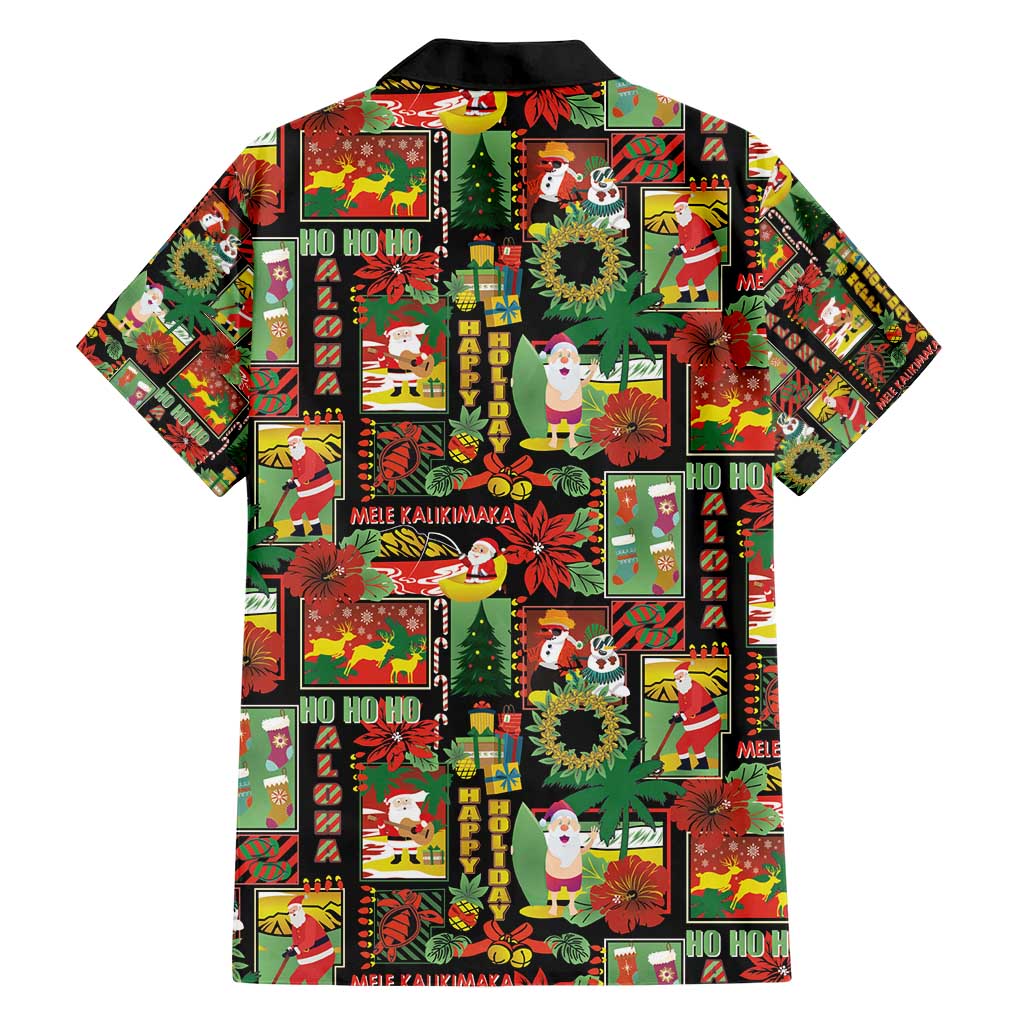 Hawaiian Santa Christmas Pattern Family Matching Short Sleeve Bodycon Dress and Hawaiian Shirt Black Version - Wonder Print Shop