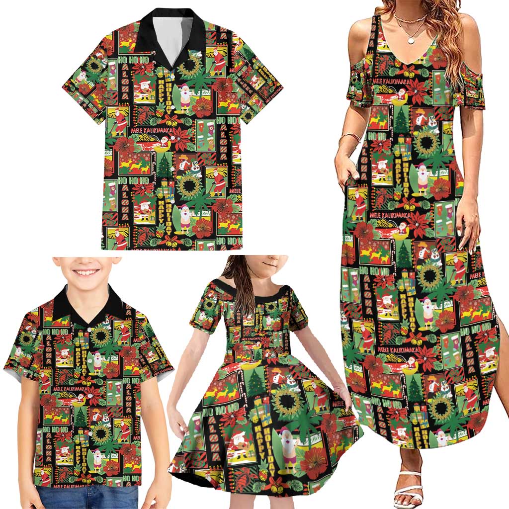 Hawaiian Santa Christmas Pattern Family Matching Summer Maxi Dress and Hawaiian Shirt Black Version - Wonder Print Shop