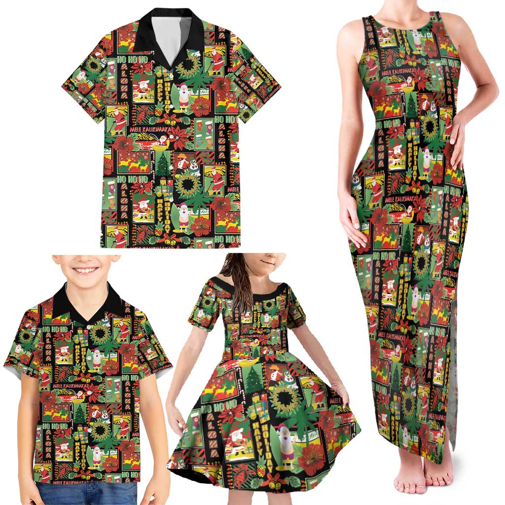 Hawaiian Santa Christmas Pattern Family Matching Tank Maxi Dress and Hawaiian Shirt Black Version - Wonder Print Shop
