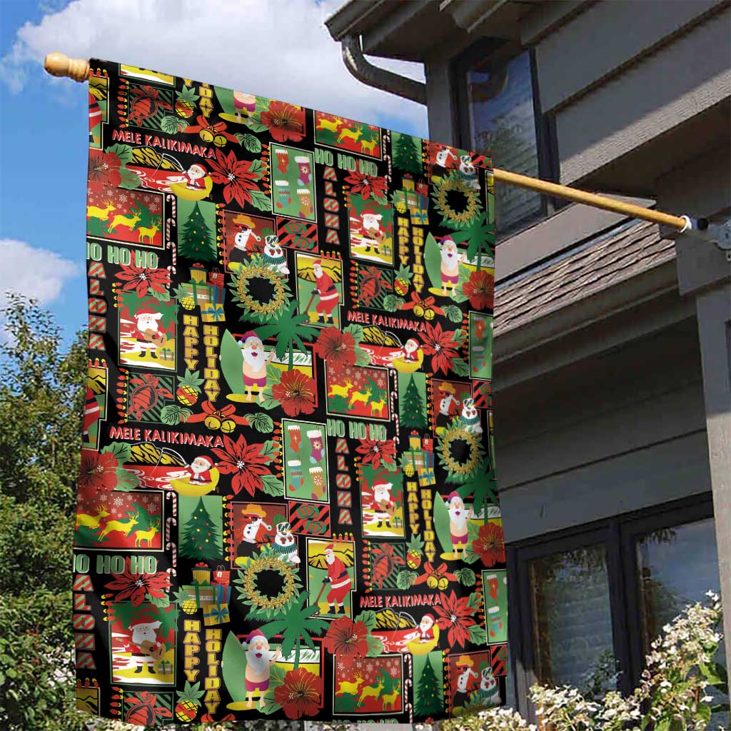 Hawaiian Santa Christmas Pattern Garden Flag Black Version - Wonder Print Shop