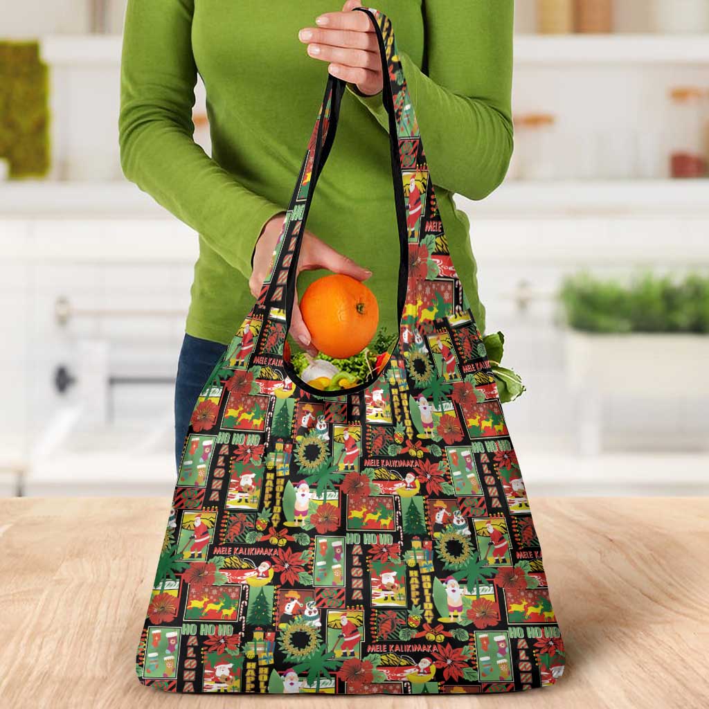 Hawaiian Santa Christmas Pattern Grocery Bag Black Version - Wonder Print Shop