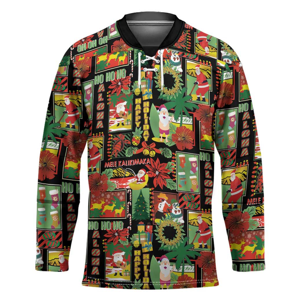 Hawaiian Santa Christmas Pattern Hockey Jersey Black Version - Wonder Print Shop