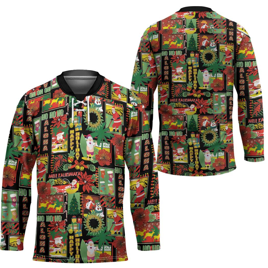 Hawaiian Santa Christmas Pattern Hockey Jersey Black Version - Wonder Print Shop