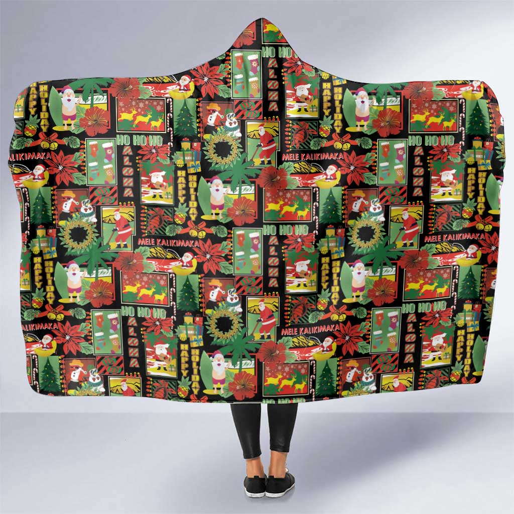 Hawaiian Santa Christmas Pattern Hooded Blanket Black Version - Wonder Print Shop
