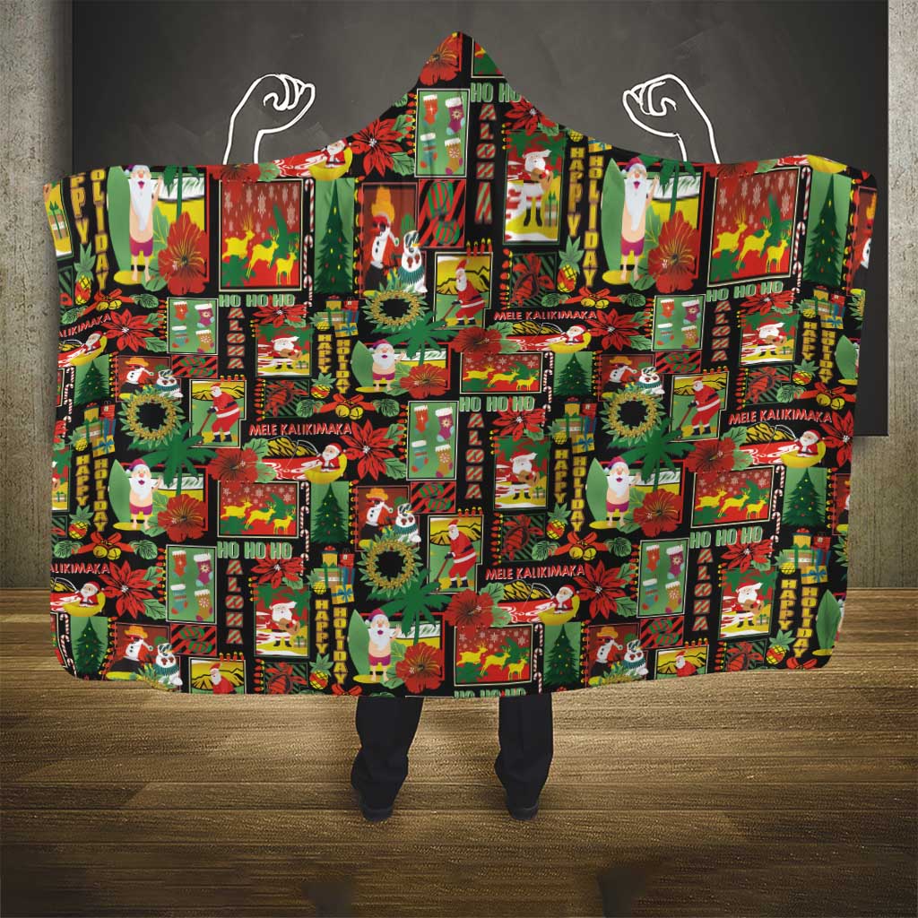 Hawaiian Santa Christmas Pattern Hooded Blanket Black Version - Wonder Print Shop