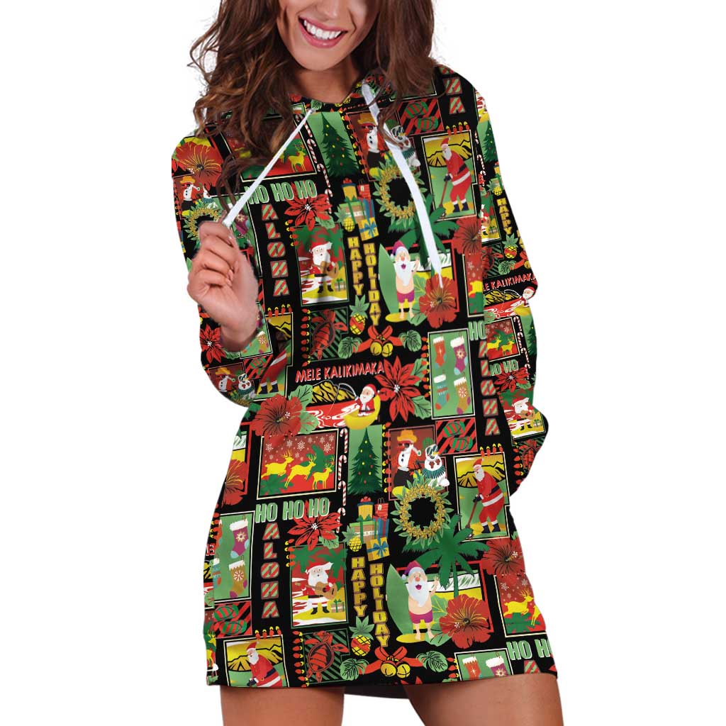 Hawaiian Santa Christmas Pattern Hoodie Dress Black Version - Wonder Print Shop