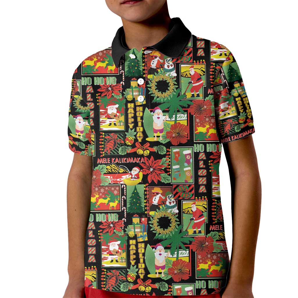 Hawaiian Santa Christmas Pattern Kid Polo Shirt Black Version - Wonder Print Shop