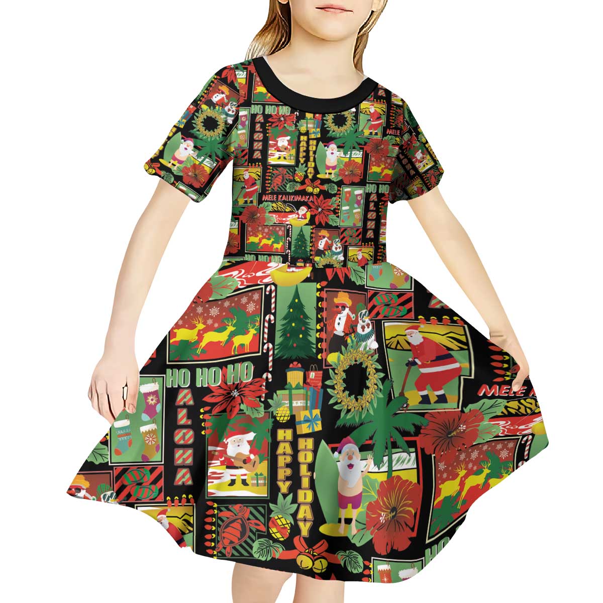 Hawaiian Santa Christmas Pattern Kid Short Sleeve Dress Black Version - Wonder Print Shop
