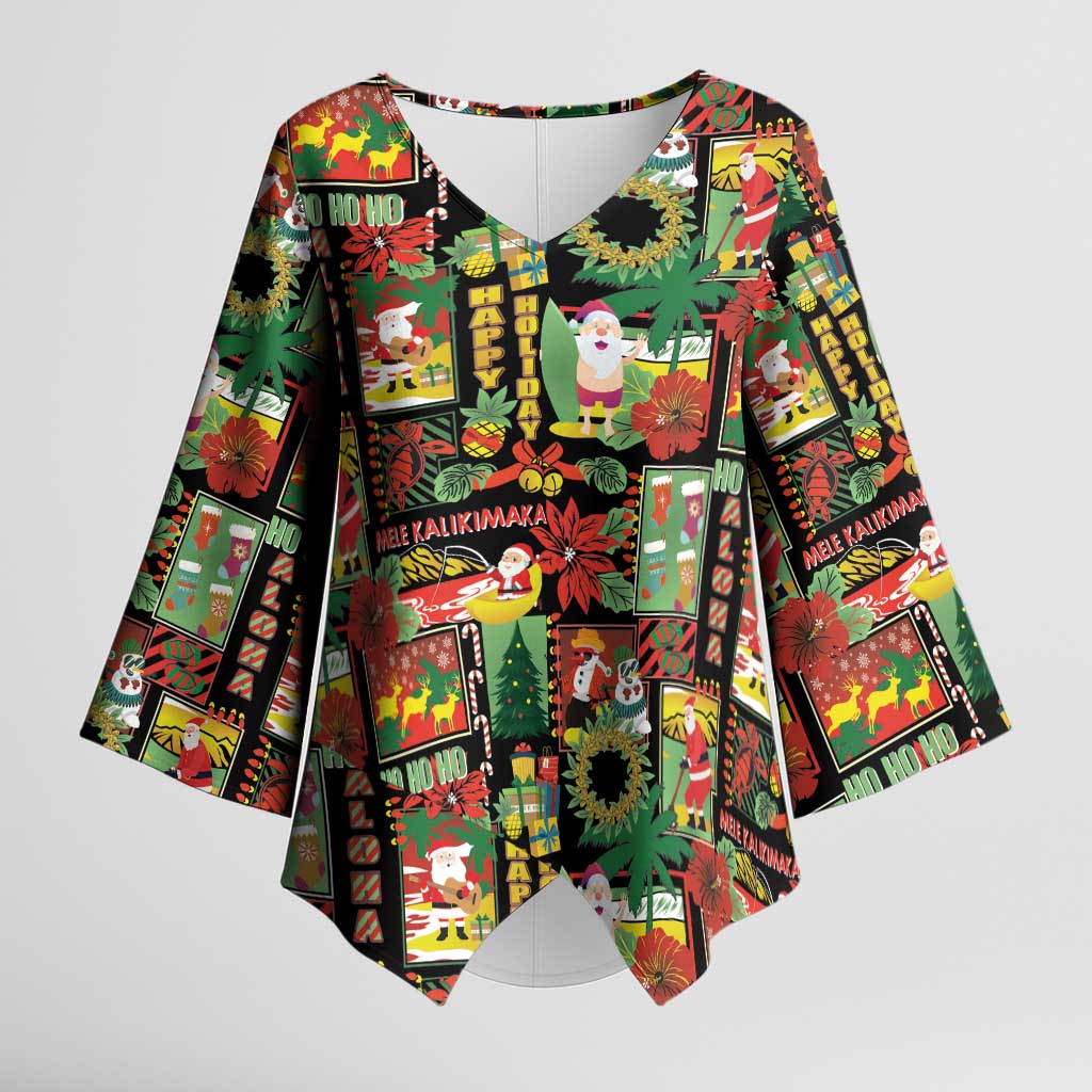 Hawaiian Santa Christmas Pattern Kimono Sleeve Blouse Black Version - Wonder Print Shop