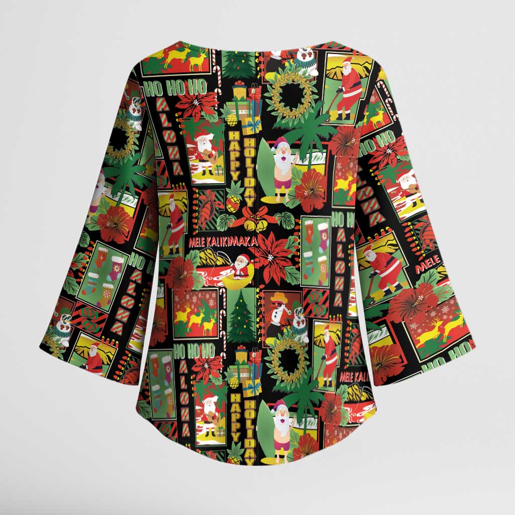 Hawaiian Santa Christmas Pattern Kimono Sleeve Blouse Black Version - Wonder Print Shop