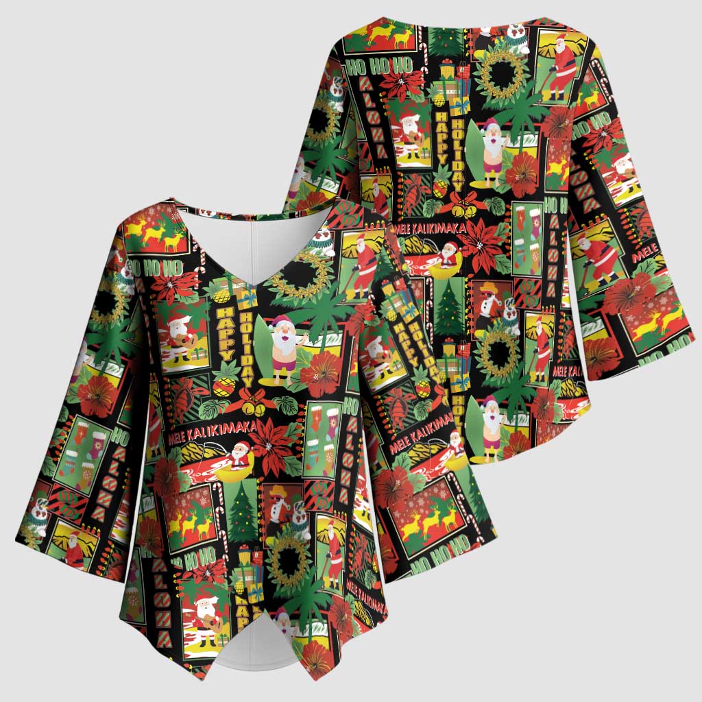 Hawaiian Santa Christmas Pattern Kimono Sleeve Blouse Black Version - Wonder Print Shop
