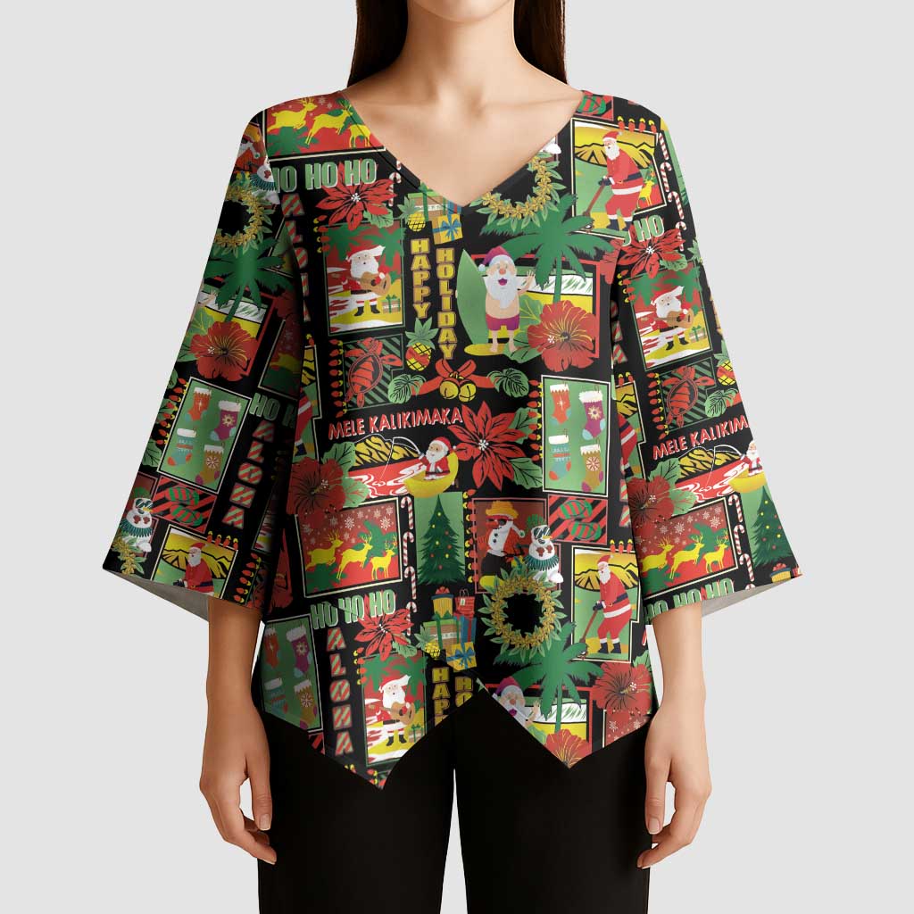 Hawaiian Santa Christmas Pattern Kimono Sleeve Blouse Black Version - Wonder Print Shop