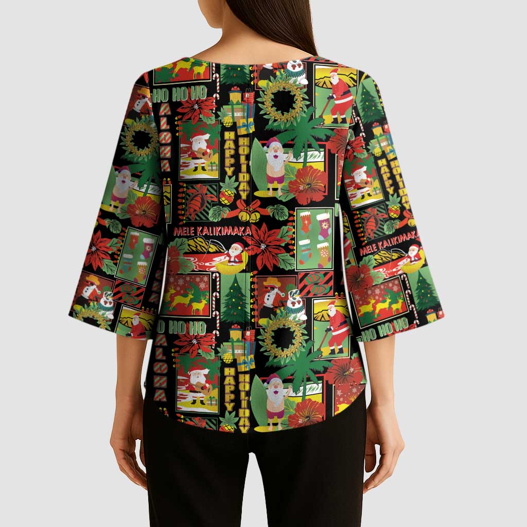 Hawaiian Santa Christmas Pattern Kimono Sleeve Blouse Black Version - Wonder Print Shop