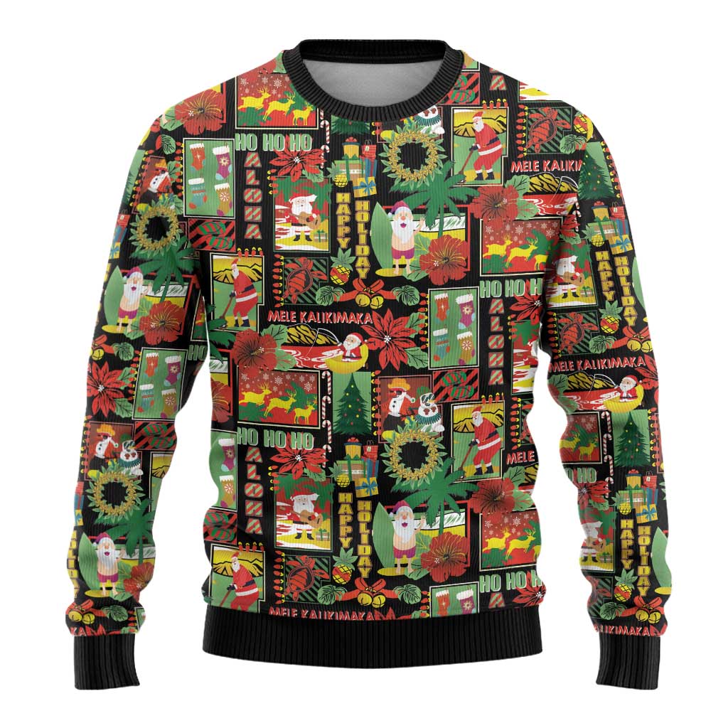 Hawaiian Santa Christmas Pattern Ugly Christmas Sweater Black Version - Wonder Print Shop