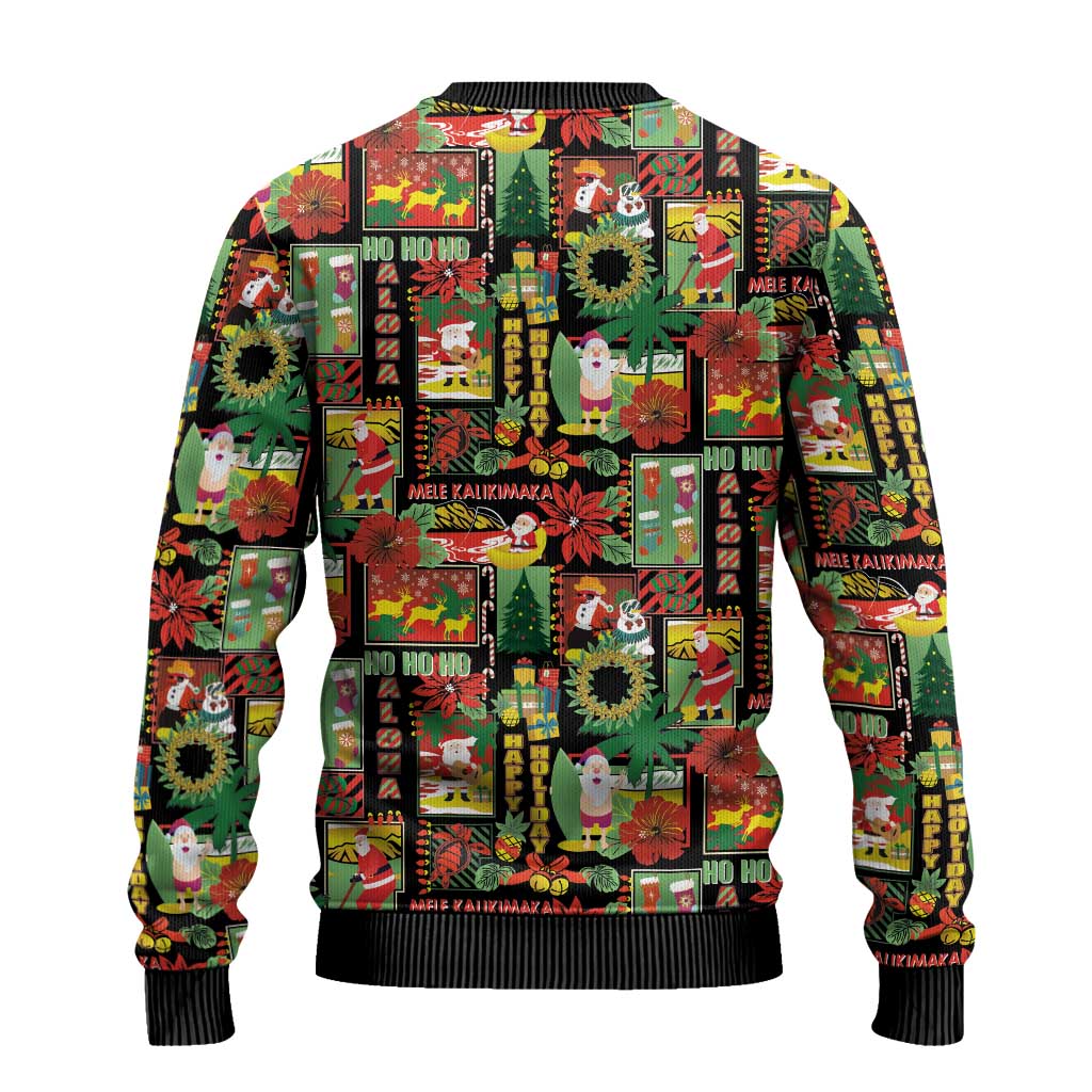 Hawaiian Santa Christmas Pattern Ugly Christmas Sweater Black Version - Wonder Print Shop