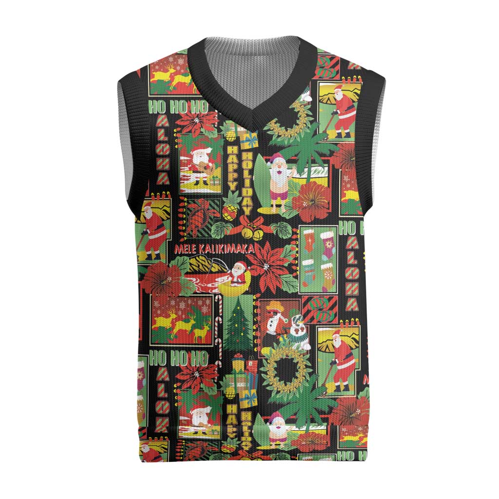 Hawaiian Santa Christmas Pattern Christmas Knitted V-Neck Vest Black Version - Wonder Print Shop