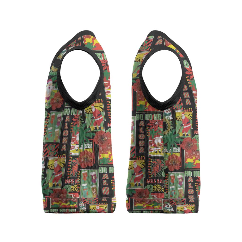 Hawaiian Santa Christmas Pattern Christmas Knitted V-Neck Vest Black Version - Wonder Print Shop