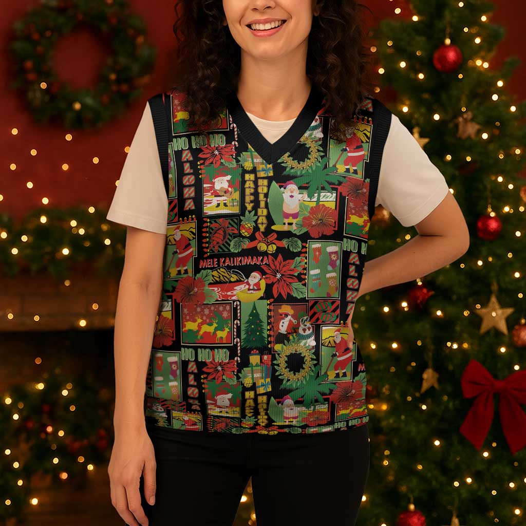 Hawaiian Santa Christmas Pattern Christmas Knitted V-Neck Vest Black Version - Wonder Print Shop