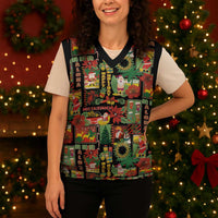 Hawaiian Santa Christmas Pattern Christmas Knitted V-Neck Vest Black Version - Wonder Print Shop
