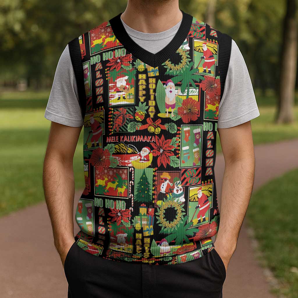 Hawaiian Santa Christmas Pattern Christmas Knitted V-Neck Vest Black Version - Wonder Print Shop