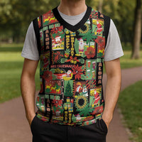 Hawaiian Santa Christmas Pattern Christmas Knitted V-Neck Vest Black Version - Wonder Print Shop