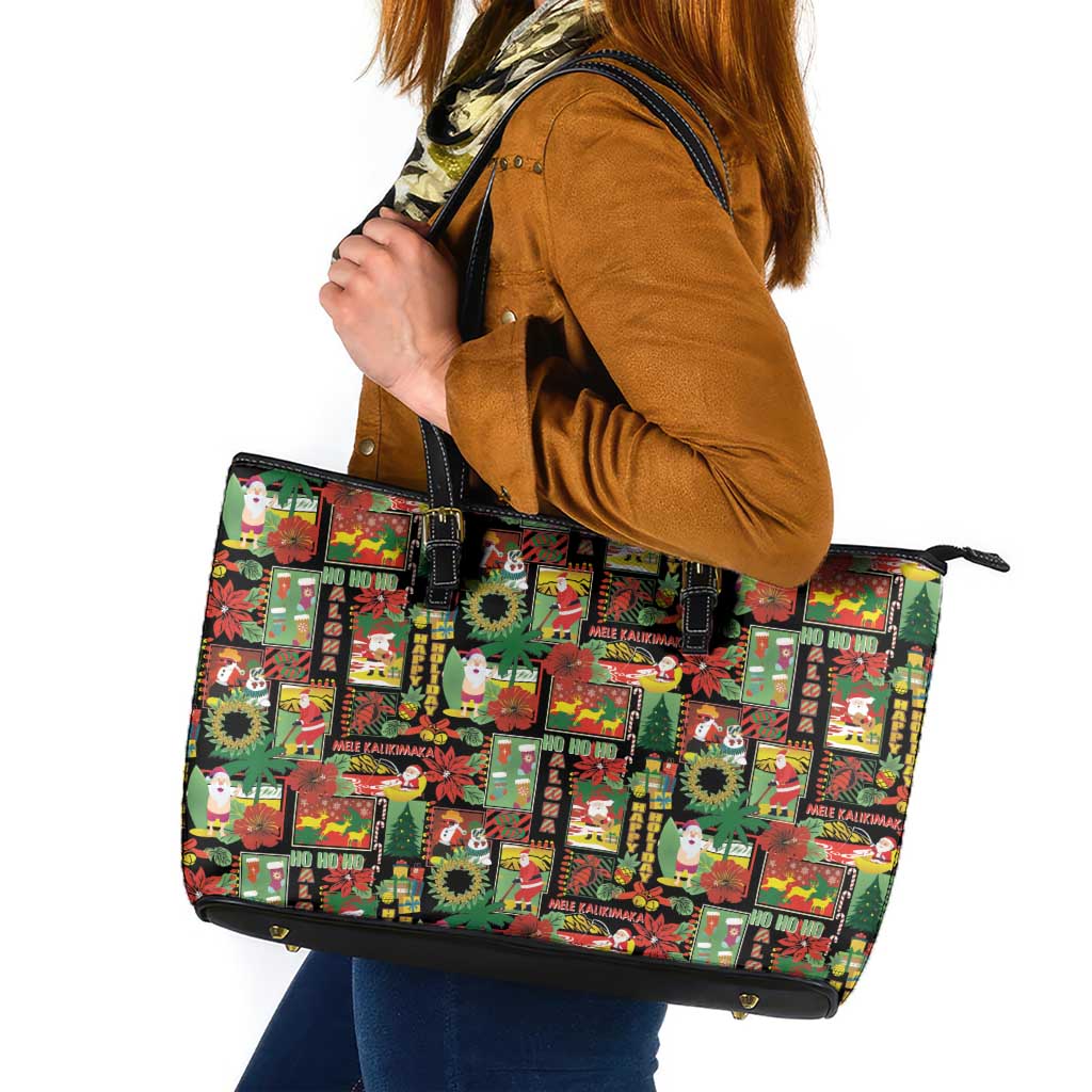 Hawaiian Santa Christmas Pattern Leather Tote Bag Black Version - Wonder Print Shop