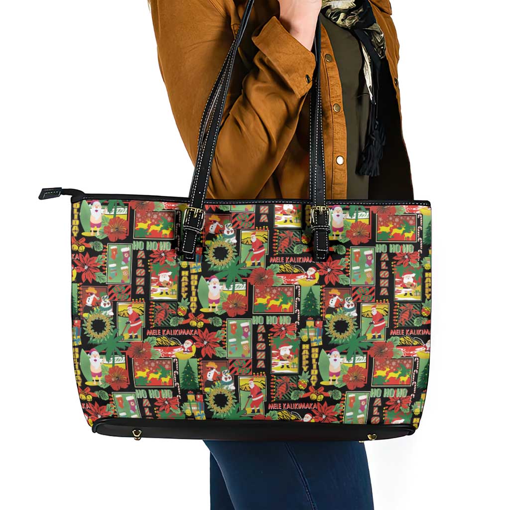 Hawaiian Santa Christmas Pattern Leather Tote Bag Black Version - Wonder Print Shop