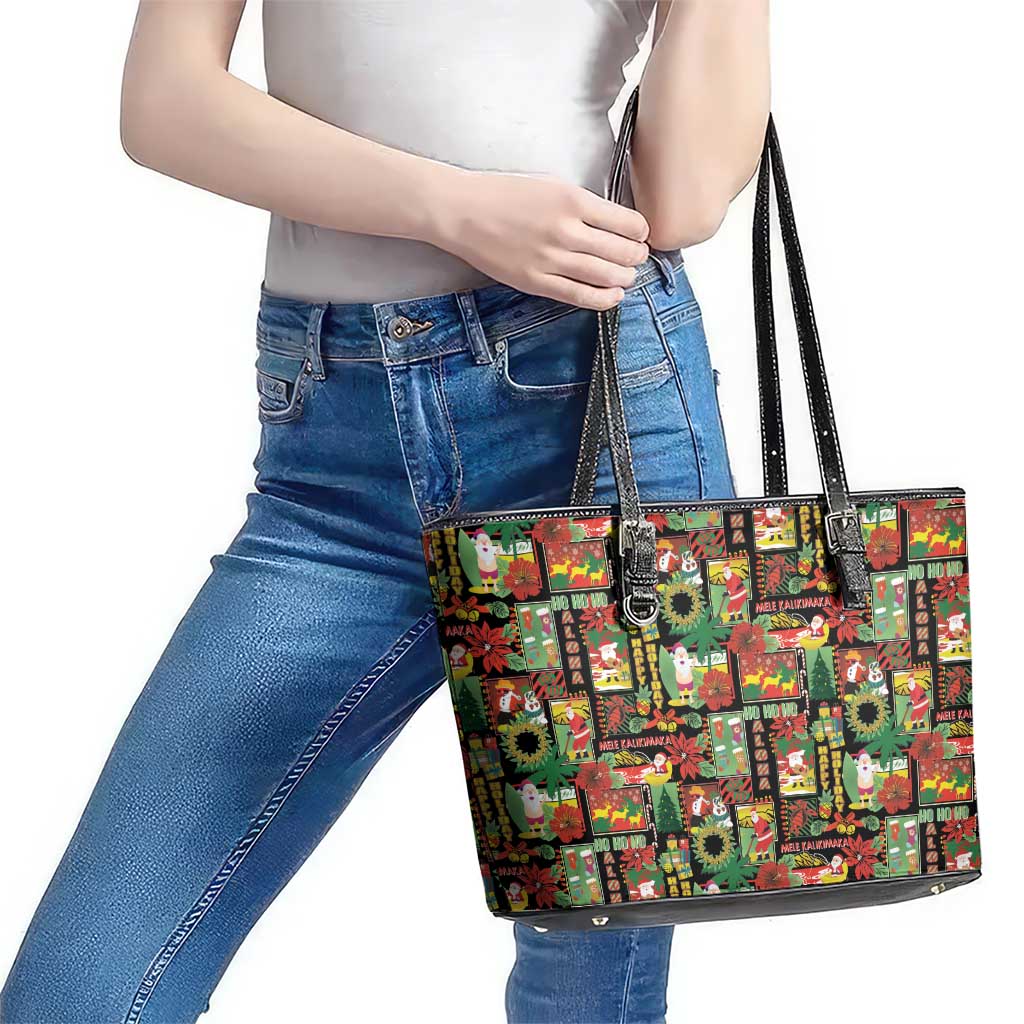 Hawaiian Santa Christmas Pattern Leather Tote Bag Black Version - Wonder Print Shop
