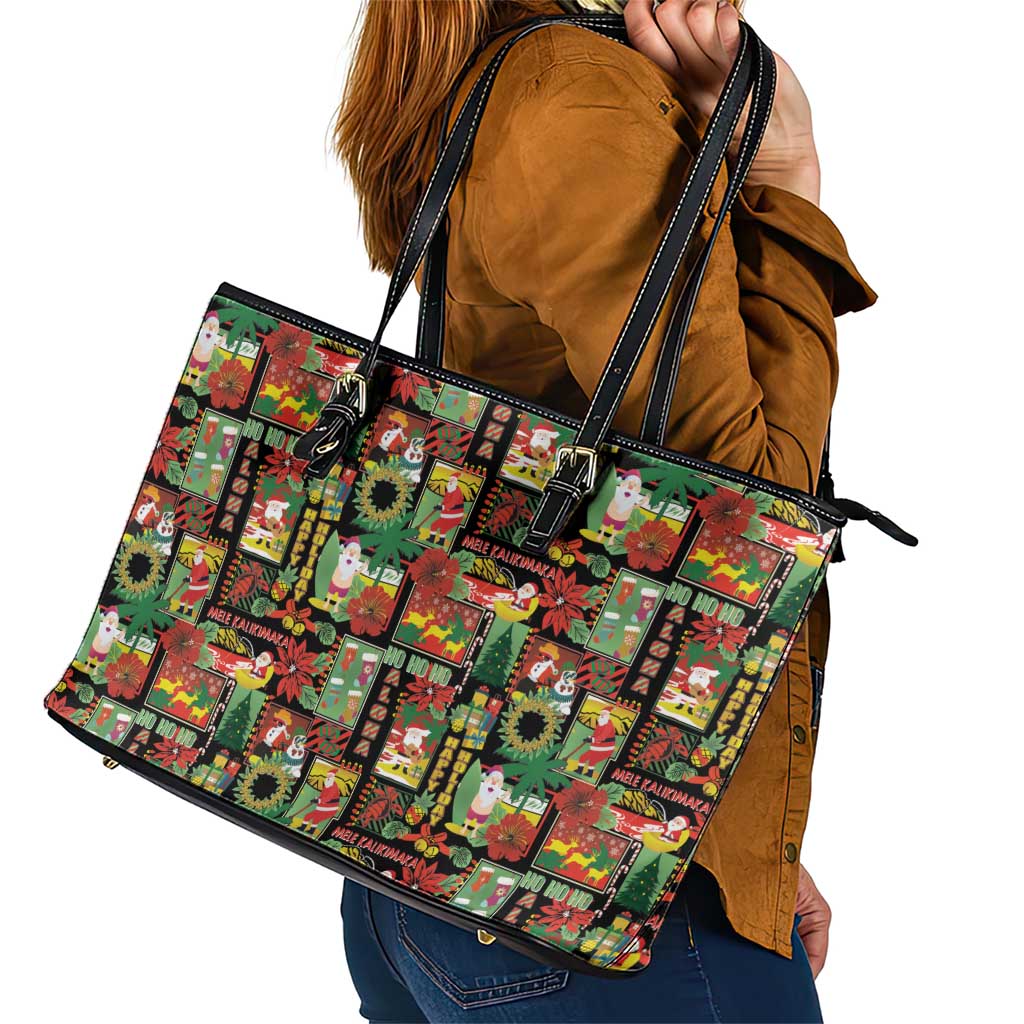 Hawaiian Santa Christmas Pattern Leather Tote Bag Black Version - Wonder Print Shop