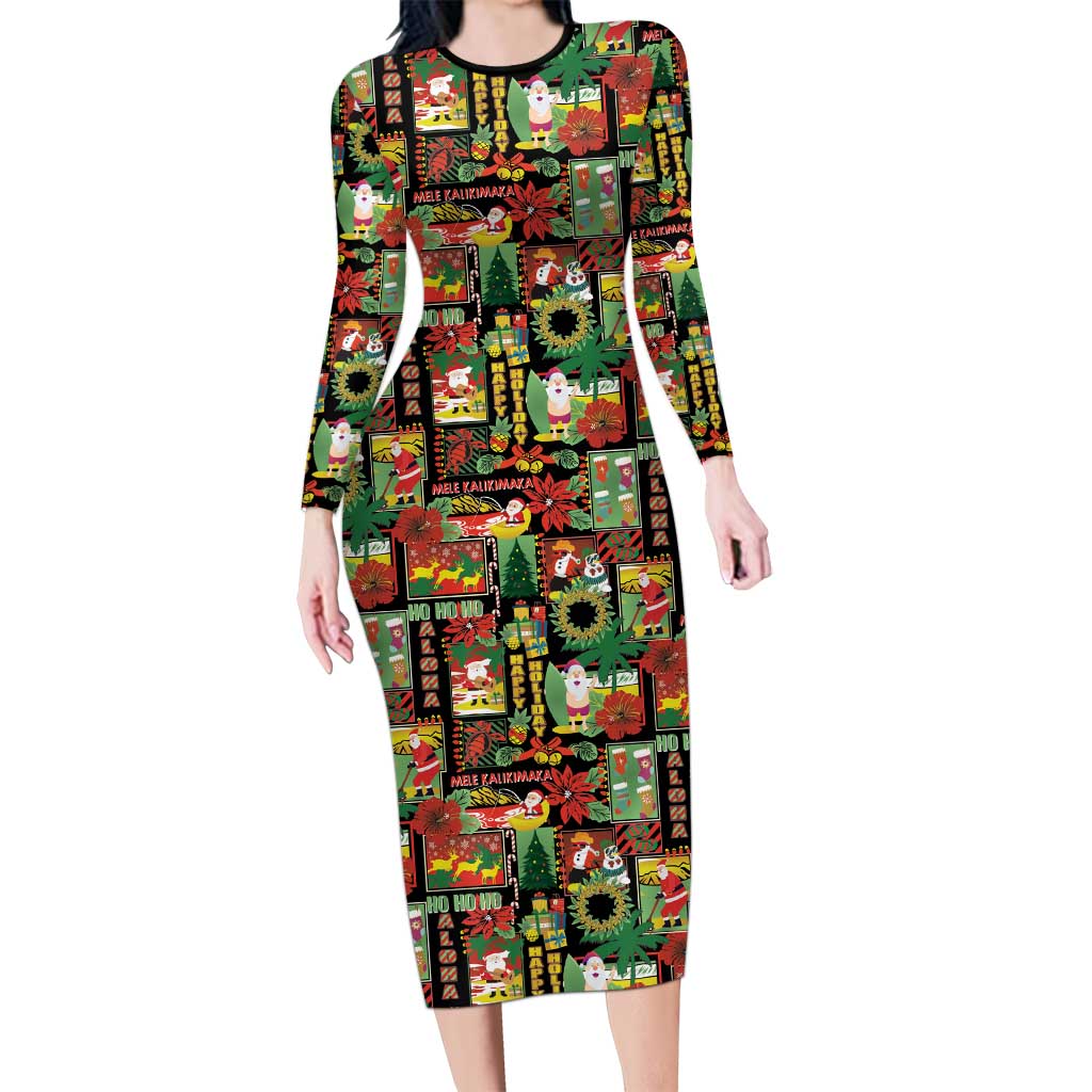 Hawaiian Santa Christmas Pattern Long Sleeve Bodycon Dress Black Version - Wonder Print Shop
