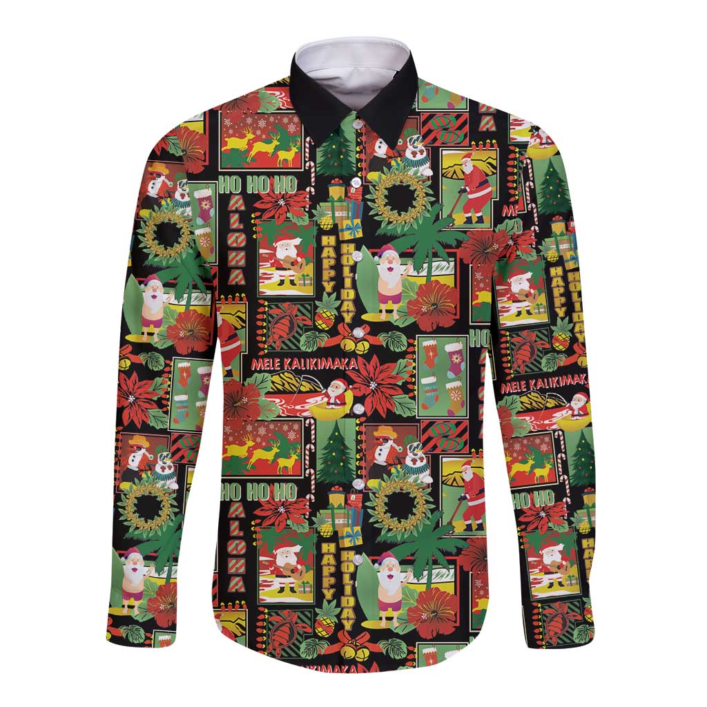 Hawaiian Santa Christmas Pattern Long Sleeve Button Shirt Black Version - Wonder Print Shop