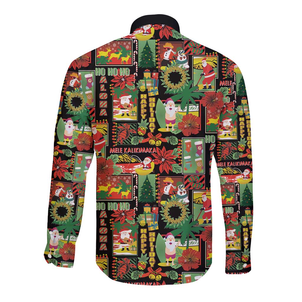 Hawaiian Santa Christmas Pattern Long Sleeve Button Shirt Black Version - Wonder Print Shop