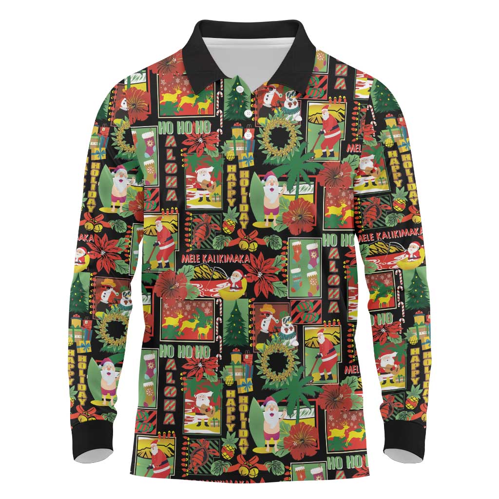 Hawaiian Santa Christmas Pattern Long Sleeve Polo Shirt Black Version - Wonder Print Shop
