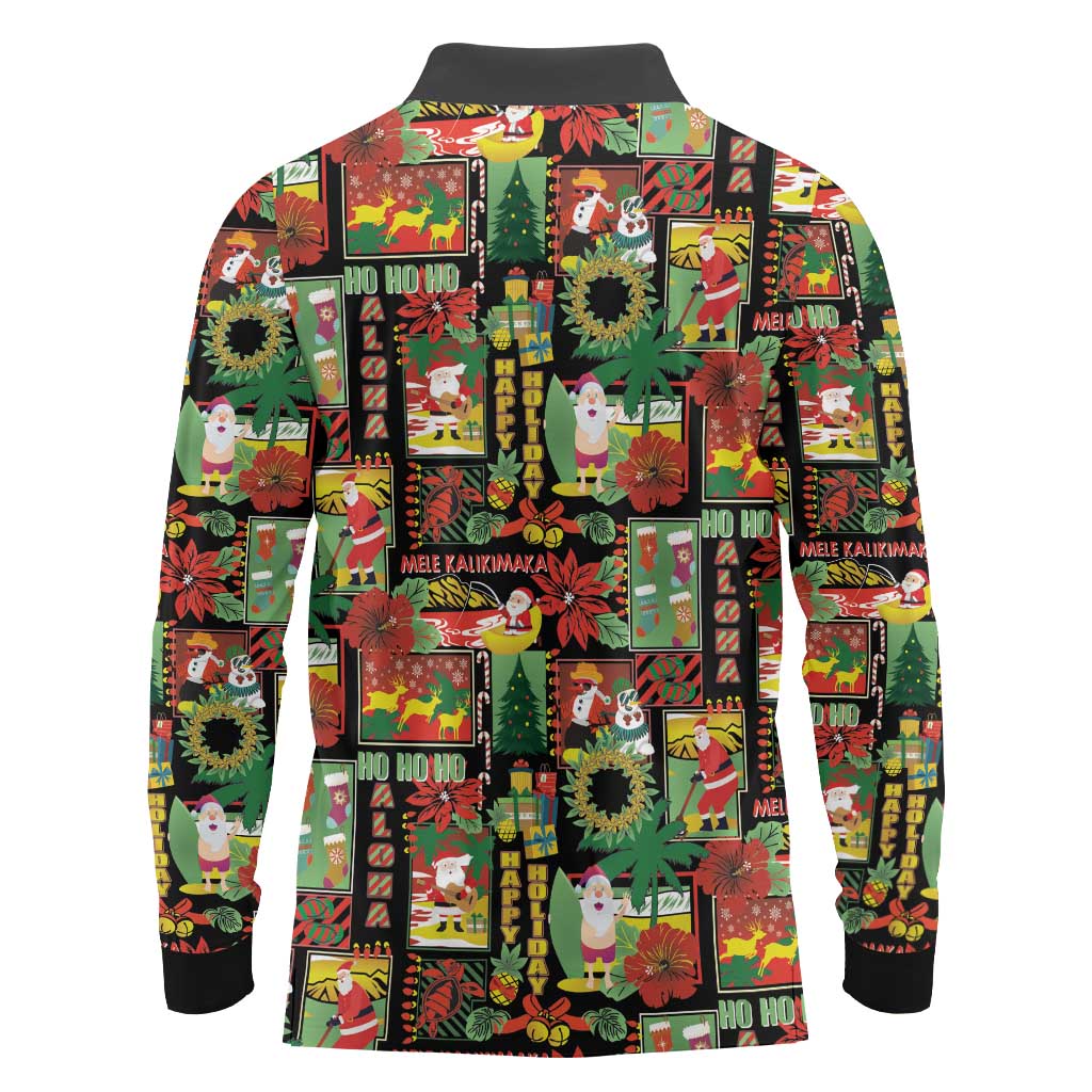 Hawaiian Santa Christmas Pattern Long Sleeve Polo Shirt Black Version - Wonder Print Shop