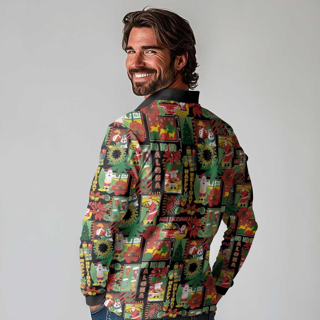 Hawaiian Santa Christmas Pattern Long Sleeve Polo Shirt Black Version - Wonder Print Shop