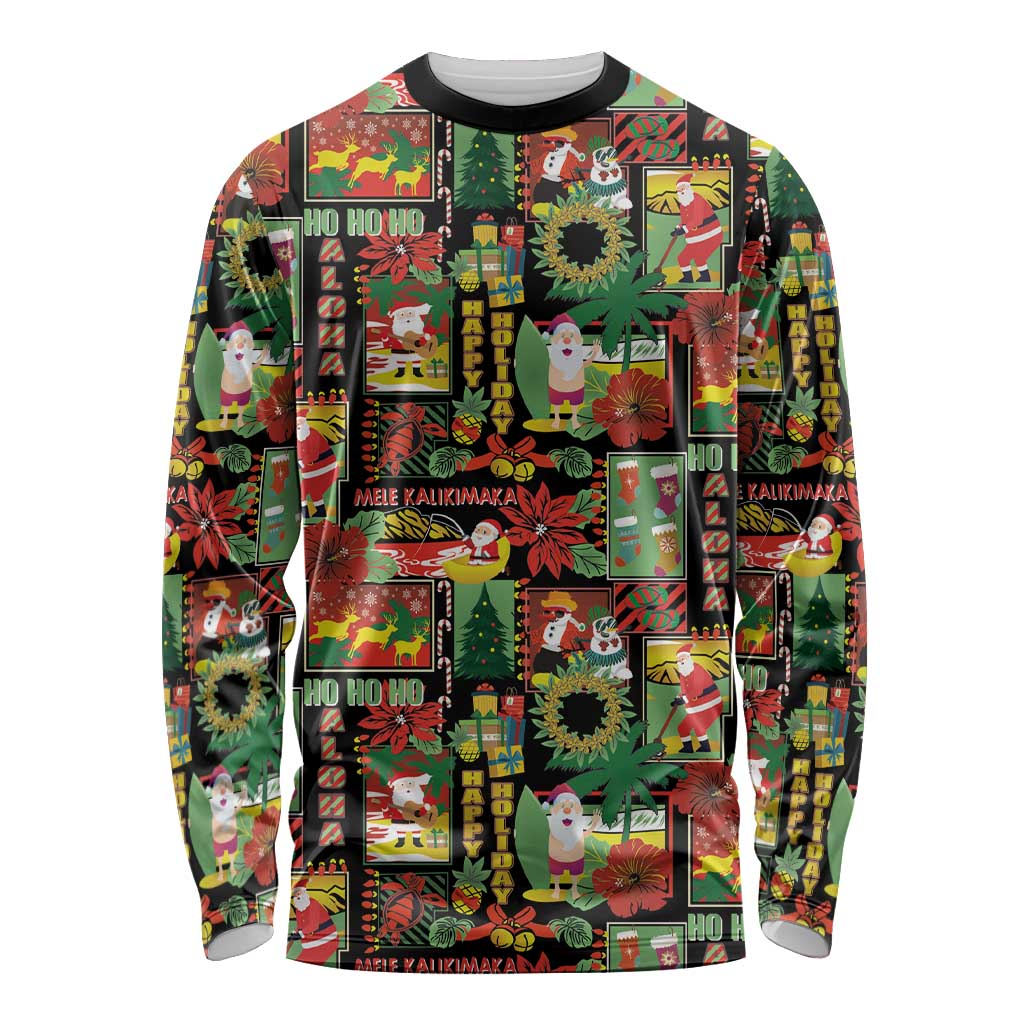 Hawaiian Santa Christmas Pattern Long Sleeve Shirt Black Version - Wonder Print Shop