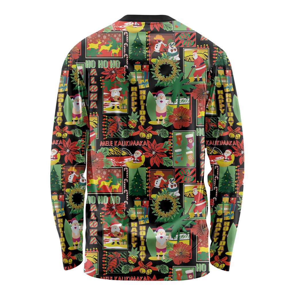 Hawaiian Santa Christmas Pattern Long Sleeve Shirt Black Version - Wonder Print Shop