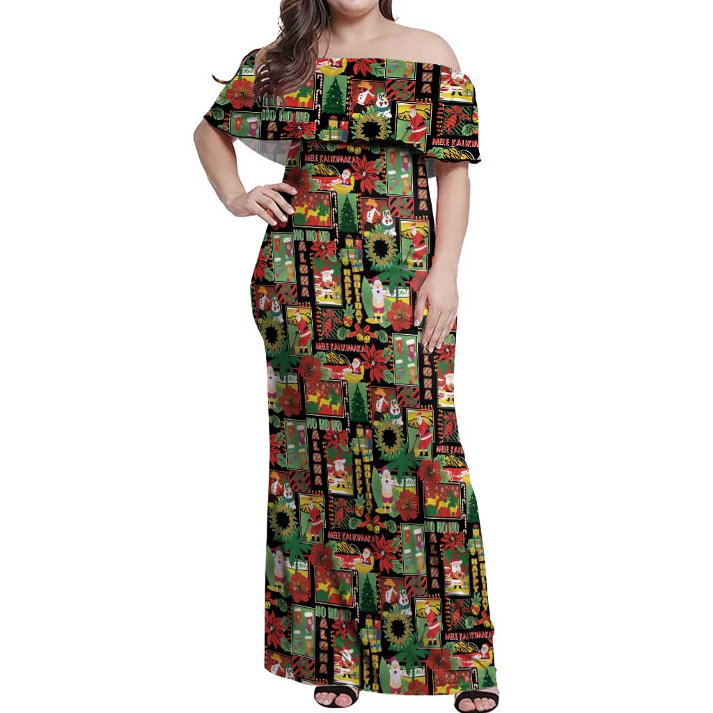 Hawaiian Santa Christmas Pattern Off Shoulder Maxi Dress Black Version - Wonder Print Shop